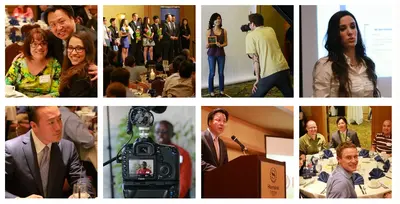Collage of convocation scenes: guests smiling at banquet tables, graduates on stage with flowers, a speaker at a podium, and a videographer filming.