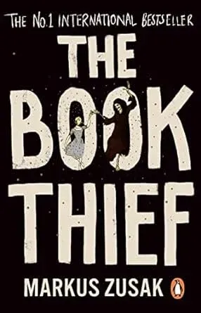 Book cover of "The Book Thief" by Markus Zusak, with two figures dancing on white letters against black.