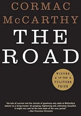 Book cover of "The Road" by Cormac McCarthy, white text on black with a Pulitzer Prize winner seal.