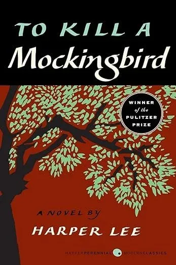 Book cover of "To Kill a Mockingbird" by Harper Lee, with a green-leafed tree on red and a Pulitzer Prize winner seal.