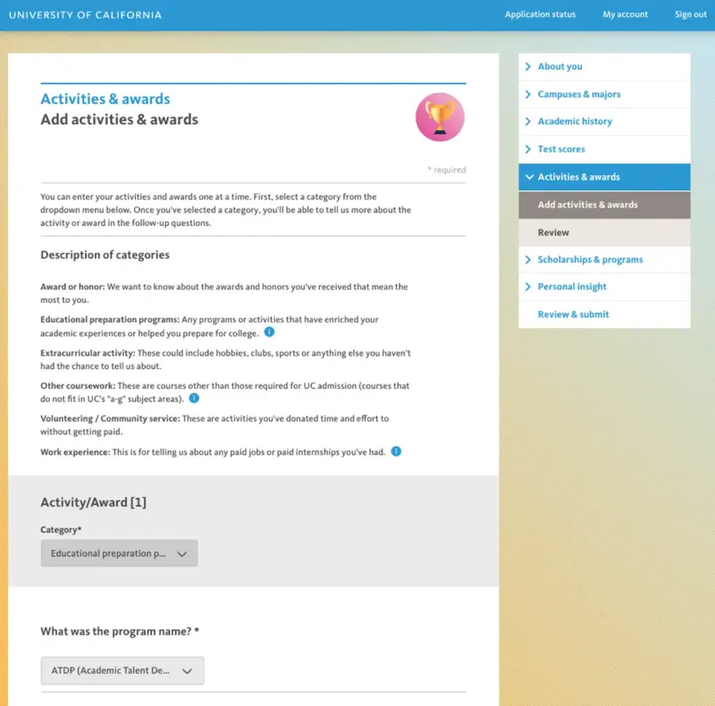 University of California application screen "Activities & awards: Add activities & awards" with category descriptions and a dropdown set to Educational preparation program.