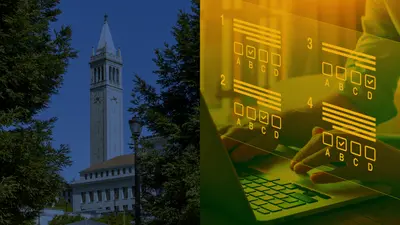 Split image: a university campanile tower among trees, and hands typing on a laptop with multiple-choice A B C D answer bubbles overlaid.