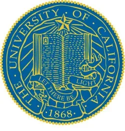 Blue and gold University of California seal with open book, star, and the motto "Let There Be Light" and date 1868.