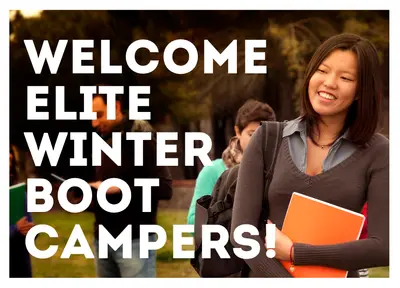 Smiling student holding an orange binder outdoors, with text "Welcome Elite Winter Boot Campers!"