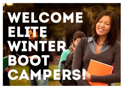 Smiling student holding an orange binder outdoors, with text "Welcome Elite Winter Boot Campers!"