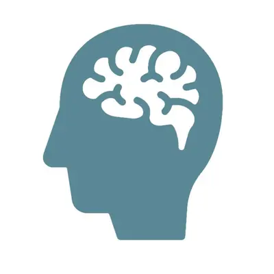 Teal silhouette of a human head in profile with a white brain inside