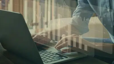 Hands on a laptop keyboard, with business charts drawn over the picture