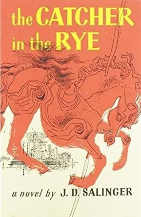 Book cover of "The Catcher in the Rye, a novel by J.D. Salinger" with a red carousel horse drawing