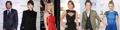 A row of six celebrities posing in formal outfits on red carpets at awards and film premiere events.