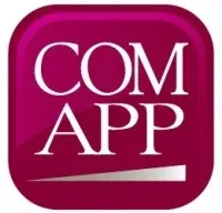 Rounded maroon app icon with white text reading "COM APP"