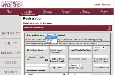 Common Application registration page showing a Personal Information form with an open "Select/First-Year/Transfer" dropdown.