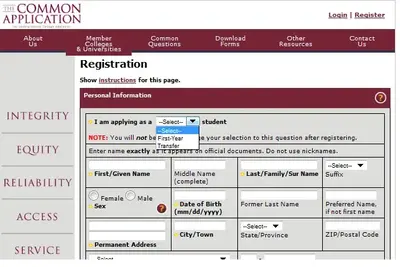 Common Application registration page showing a Personal Information form with an open "Select/First-Year/Transfer" dropdown.