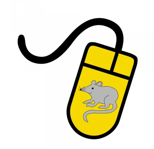 Yellow computer mouse with a curly cord and a gray cartoon mouse drawn on it