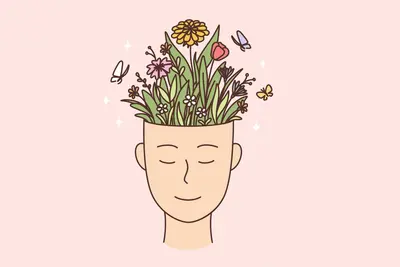 Illustration of a smiling person with eyes closed and flowers, leaves and butterflies growing from their open head