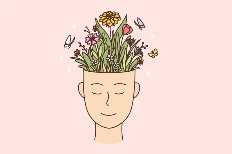 Illustration of a smiling person with eyes closed and flowers, leaves and butterflies growing from their open head