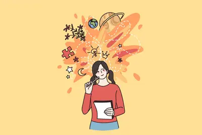 Illustrated student holding a notepad and pen, with ideas, planets, stars and a lightbulb bursting from her head