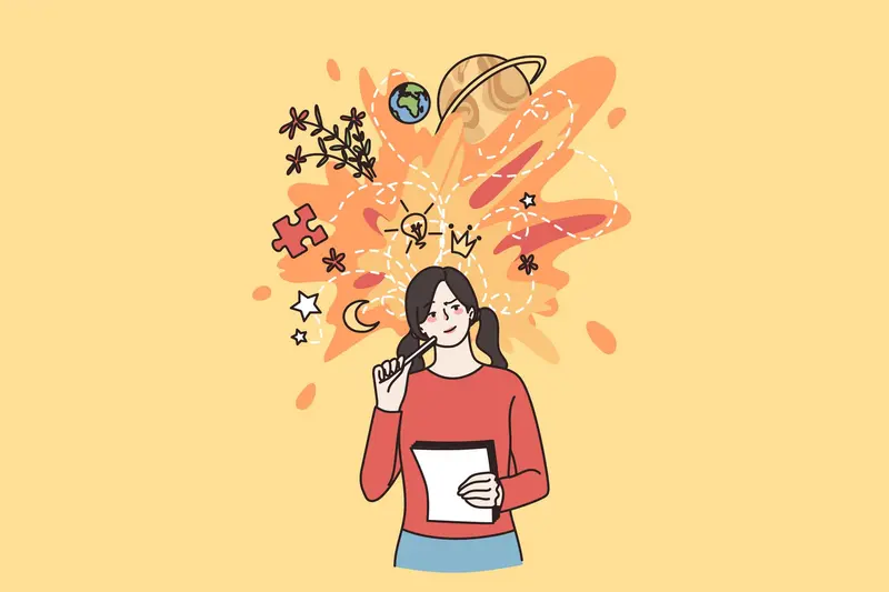 Illustrated student holding a notepad and pen, with ideas, planets, stars and a lightbulb bursting from her head