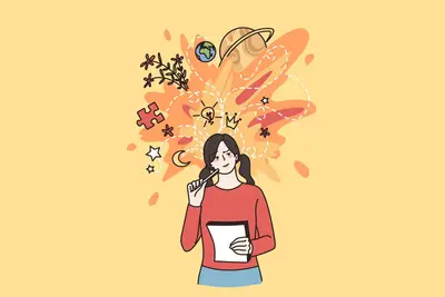 Illustrated student holding a notepad and pen, with ideas, planets, stars and a lightbulb bursting from her head