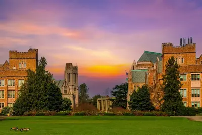 Gothic brick college buildings and evergreens behind a green lawn with geese at sunset