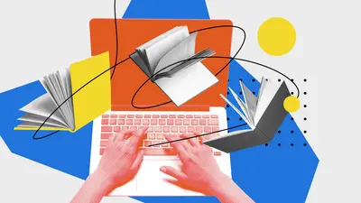 Collage of hands typing on a laptop with open books floating above it against bold blue, orange and yellow shapes