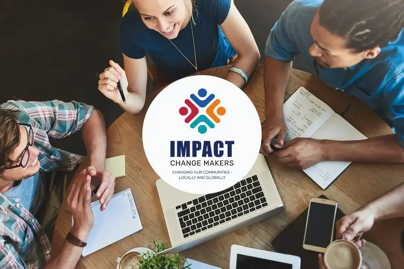 Four students meet around a table with laptop and notebooks, overlaid with the "Impact Change Makers" logo.