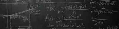 Chalkboard covered with calculus derivative limit definitions, f'(x) = lim h→0 [f(x+h) − f(x)]/h, and a secant/tangent line graph.