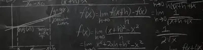 Chalkboard covered with calculus derivative limit definitions, f'(x) = lim h→0 [f(x+h) − f(x)]/h, and a secant/tangent line graph.