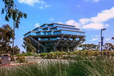 The Geisel Library's concrete and glass tiered structure rising above trees and grasses under a blue sky