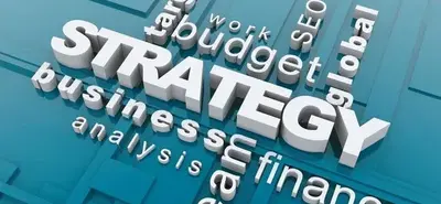 청록색 배경 위에 "STRATEGY"를 중심으로 business, budget, work, SEO, global, analysis, finance 등의 단어가 입체적으로 배치된 워드 클라우드