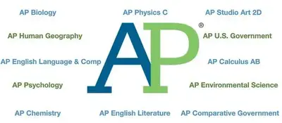 큰 AP 로고와 AP Biology, AP Human Geography, AP Psychology 등 여러 AP 과목명이 배치된 이미지