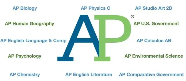 큰 AP 로고와 함께 AP Biology, AP Physics C, AP Studio Art 2D, AP Human Geography, AP U.S. Government, AP English Language & Comp, AP Calculus AB, AP Psychology, AP Environmental Science, AP Chemistry, AP English Literature, AP Comparative Government 과목명이 배치된 이미지입니다.