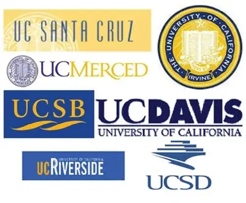 UC Santa Cruz, UC Merced, UC Irvine, UCSB, UC Davis, UC Riverside, UCSD 등 UC 캠퍼스 로고 모음입니다.