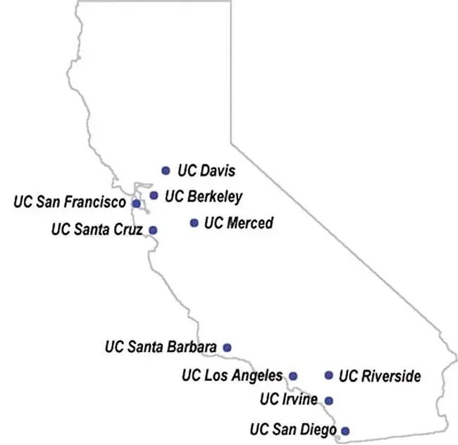 캘리포니아 지도에 표시된 UC 캠퍼스 위치: UC Davis, UC Berkeley, UC San Francisco, UC Santa Cruz, UC Merced, UC Santa Barbara, UC Los Angeles, UC Riverside, UC Irvine, UC San Diego