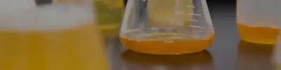 Laboratory glassware, including an Erlenmeyer flask and beakers, holding orange and yellow liquids on a dark bench