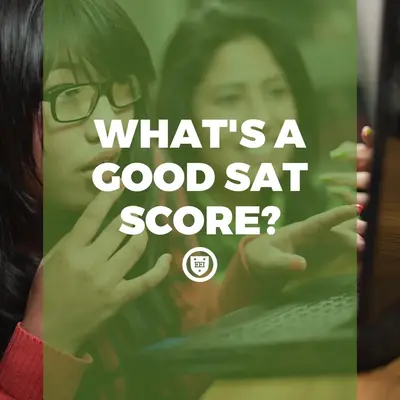 Students working at a laptop under a green overlay with the title "What's a good SAT score?"