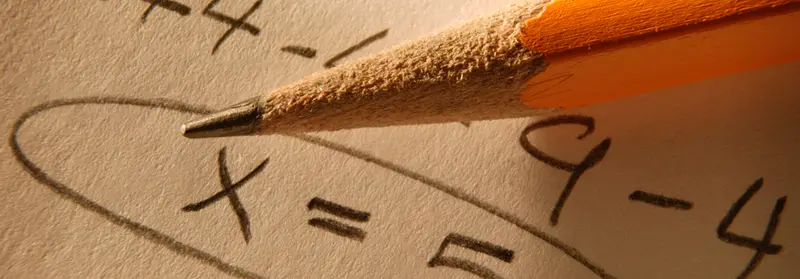 A sharpened pencil resting on paper with handwritten math, including a circled "x = 5"