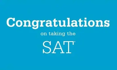 "Congratulations on taking the SAT"라는 흰색 문구가 적힌 파란색 배너입니다.