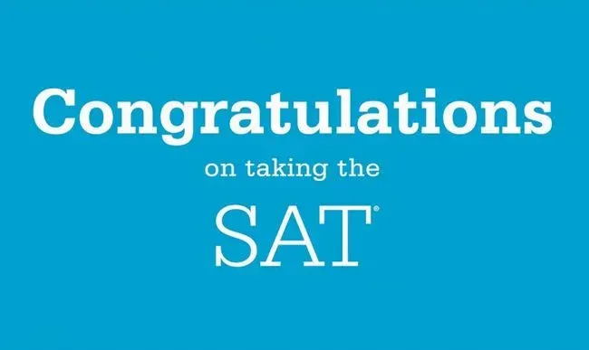 "Congratulations on taking the SAT"라는 흰색 문구가 적힌 파란색 배너입니다.