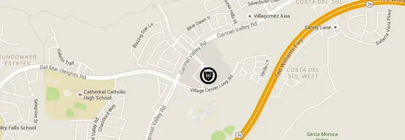 Street map marking a location near Village Center Loop Rd and Carmel Valley Rd, off Ted Williams Fwy and Highway 56.
