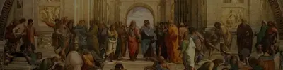 Renaissance fresco of robed philosophers gathered beneath grand arches, two central figures walking forward in debate.