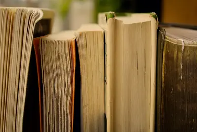 A row of worn hardcover books standing upright, seen close-up from their page edges
