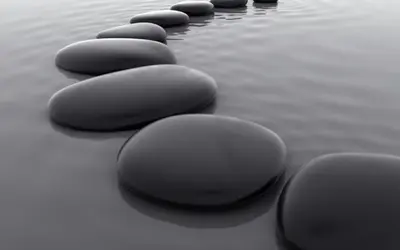 A curving line of smooth dark stepping stones resting in still, calm water
