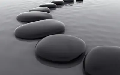 A curving line of smooth dark stepping stones resting in still, calm water